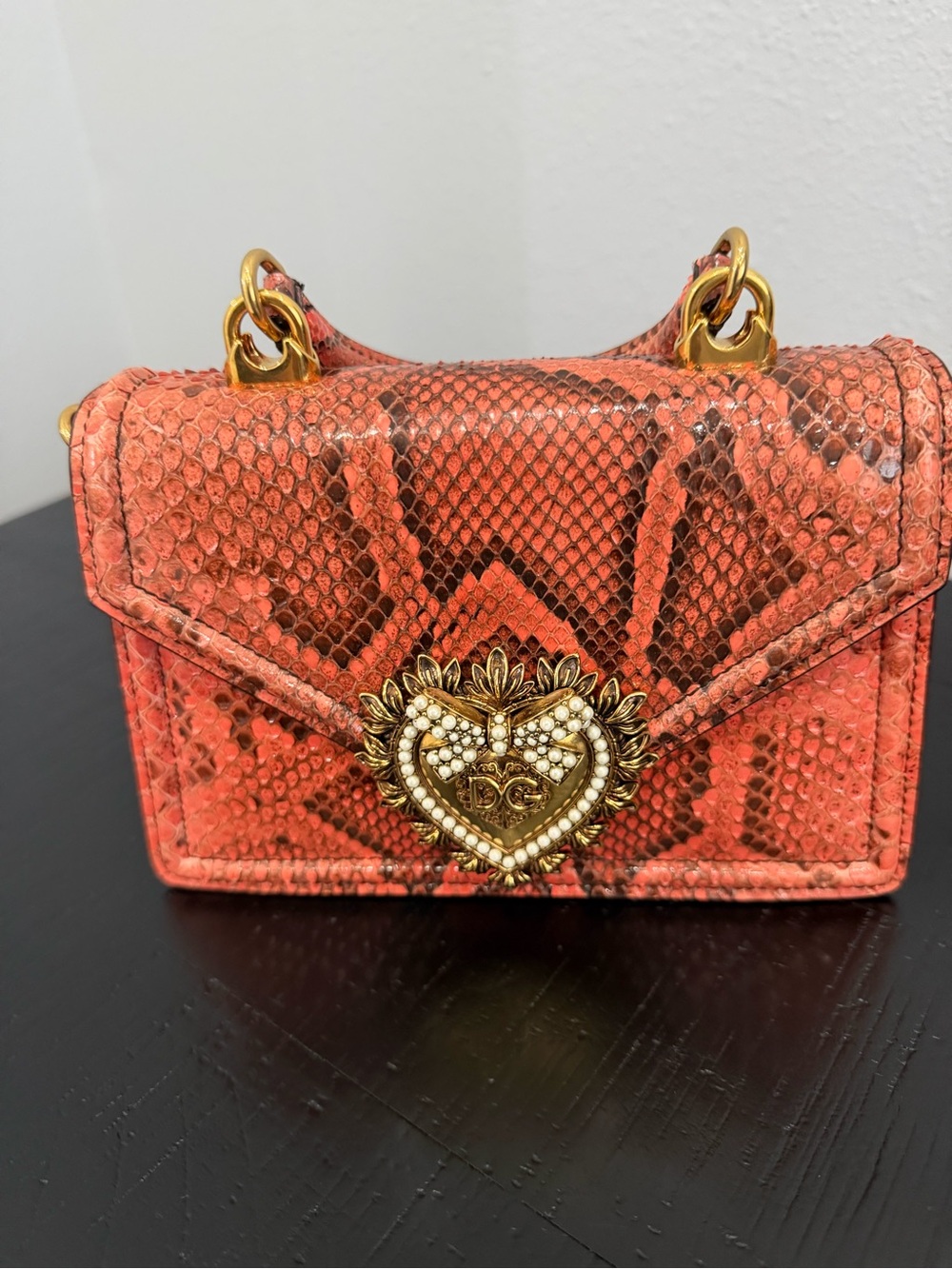 Dolce & Gabbana Coral Python Devotion Mini Bag with Gold Heart Emblem